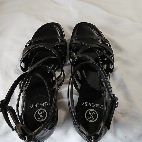 Sam & Libby Sandals W 7 Black Reed Strappy Flat Back Zip Casual Faux Leather - Picture 15 of 16